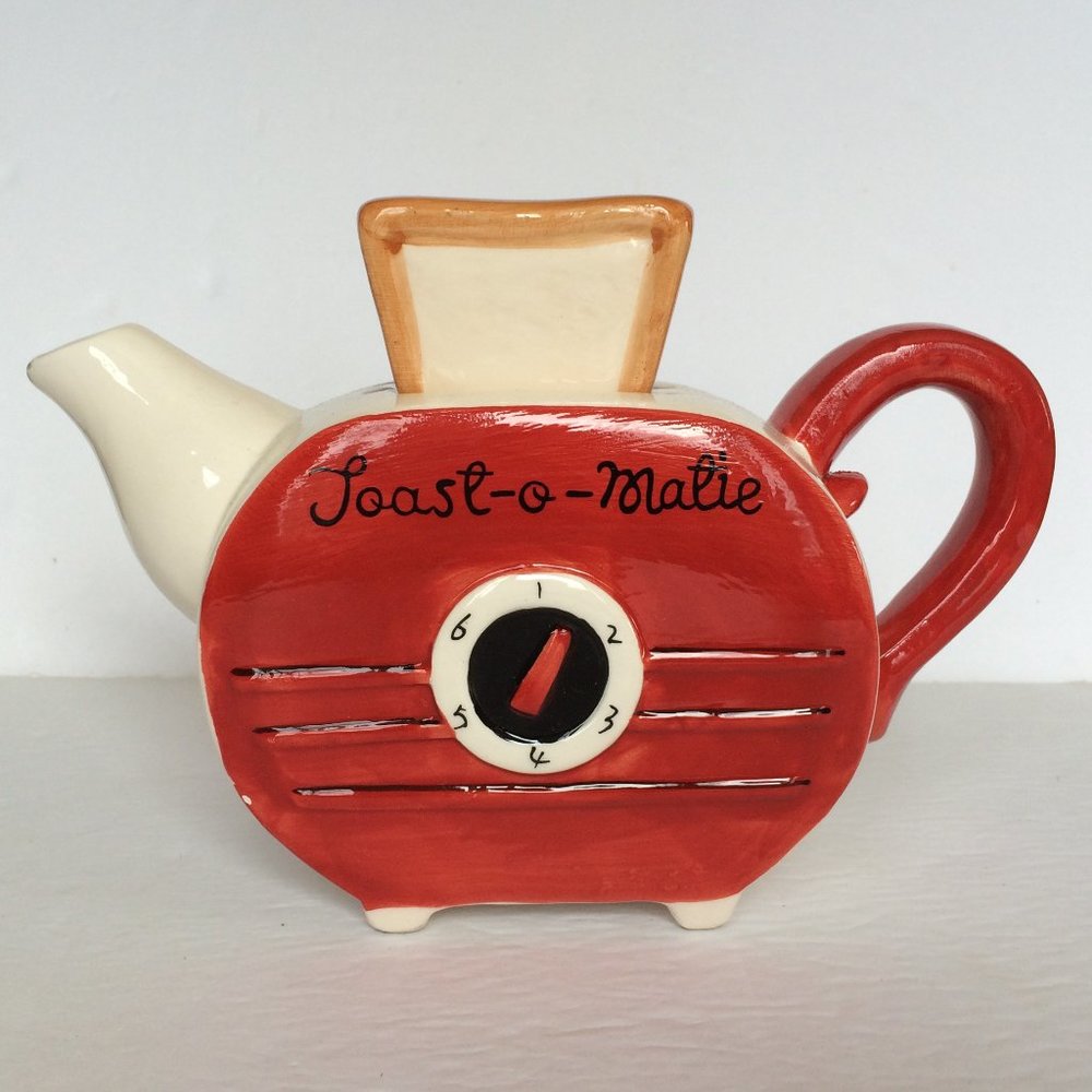 Retro Toaster Teapot Red Ivory Collectible Toast O Matic Tea For One Ceramic